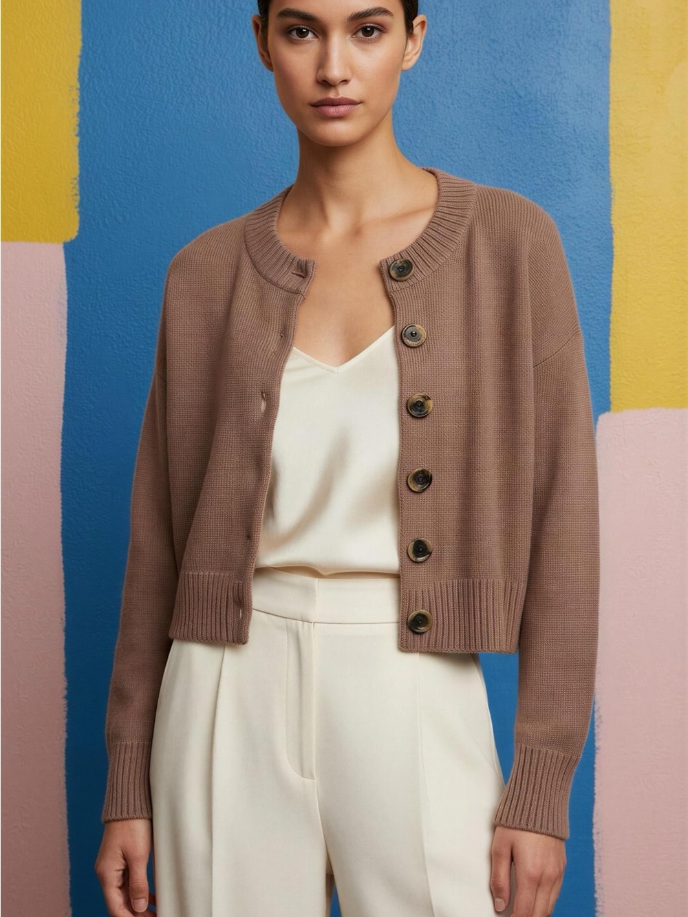 Quince Taupe Cropped Button-Front Cardigan